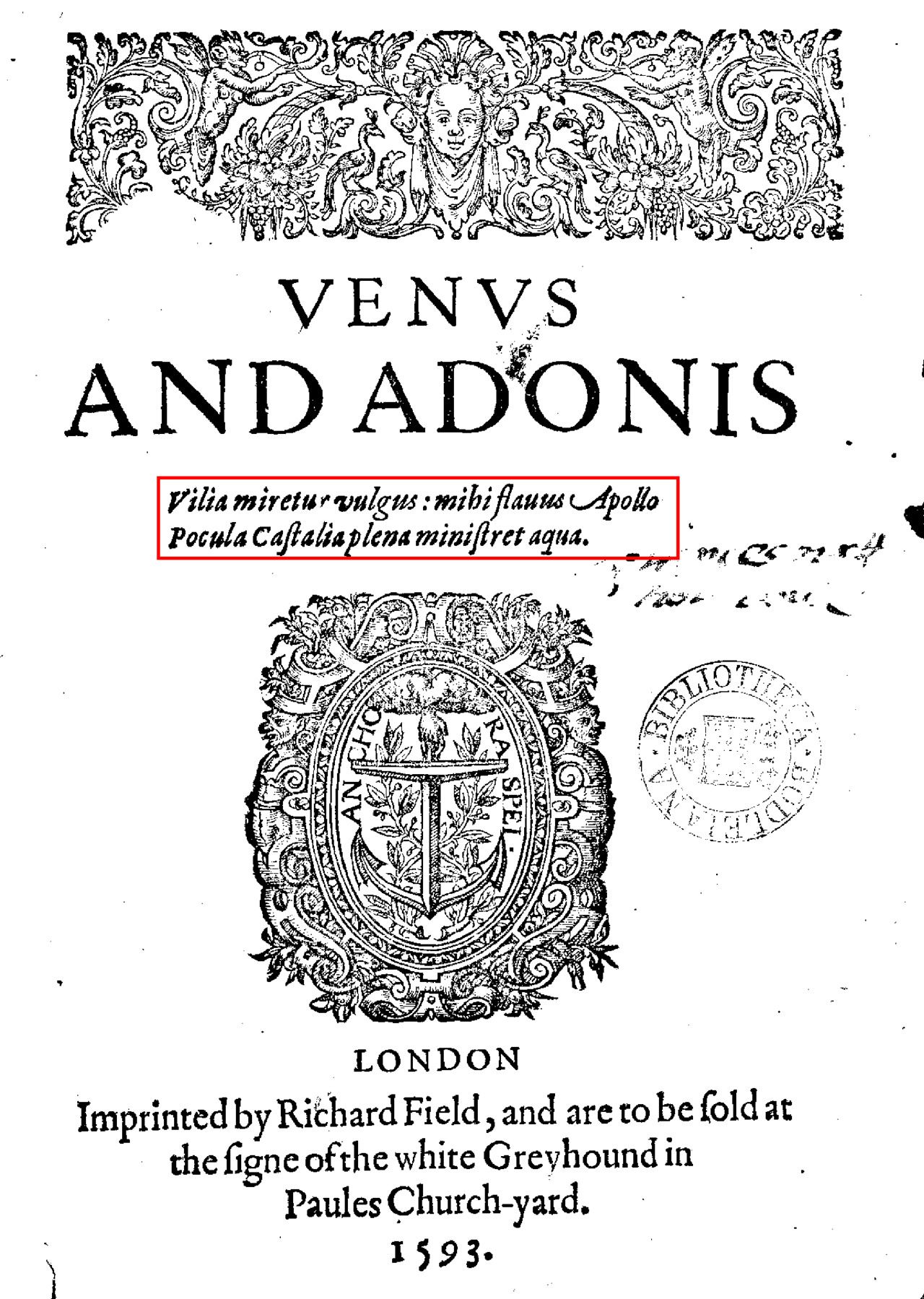 Original 1593 Venus and Adonis title page with the Latin epigraph