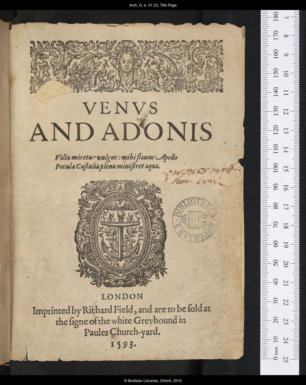 Original 1593 Venus and Adonis title page with the Latin epigraph