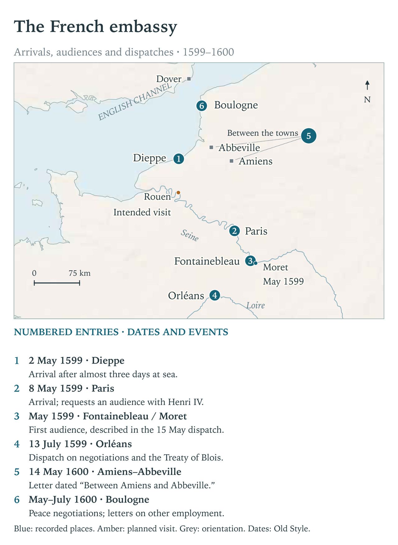 Neville’s French embassy, 1599–1600. The dated entries distinguish arrivals, dispatches and negotiations; Rouen is an intended visit.