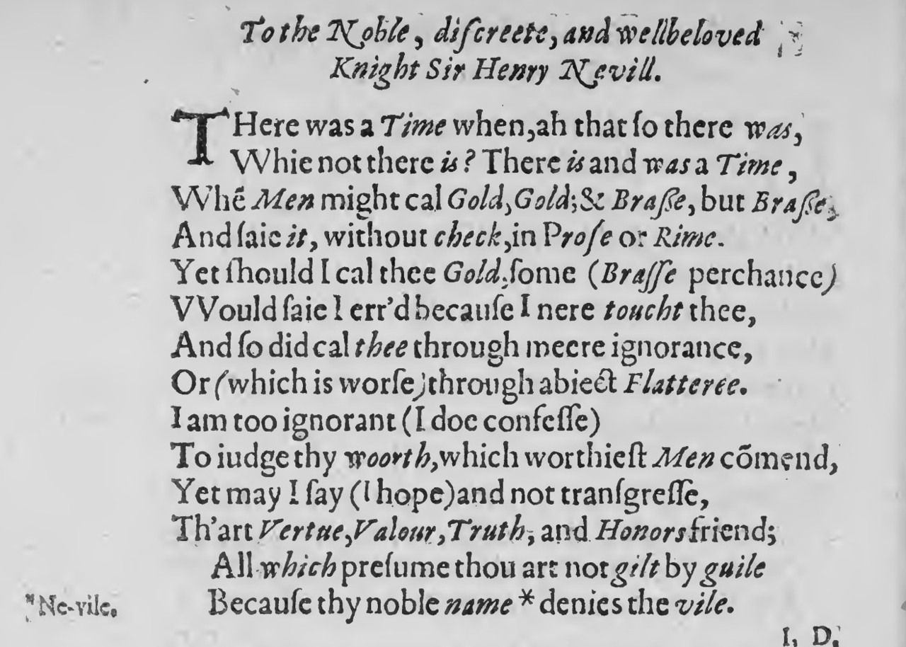 Printed passage from Davies’s Microcosmos ; see the source note comparing its Neville sonnet with “Speculum Proditori.”