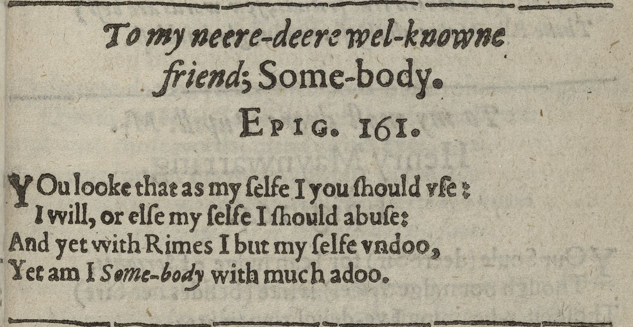 Davies’s epigram 161, “Some-body,” ending “with much adoo,” on p. 77. Folger Shakespeare Library, STC 6341; cropped photograph, CC BY-SA 4.0.