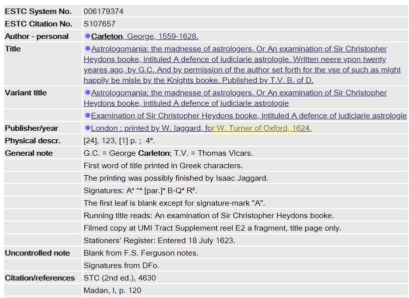 ESTC note identifying T.V. as Thomas Vicars
