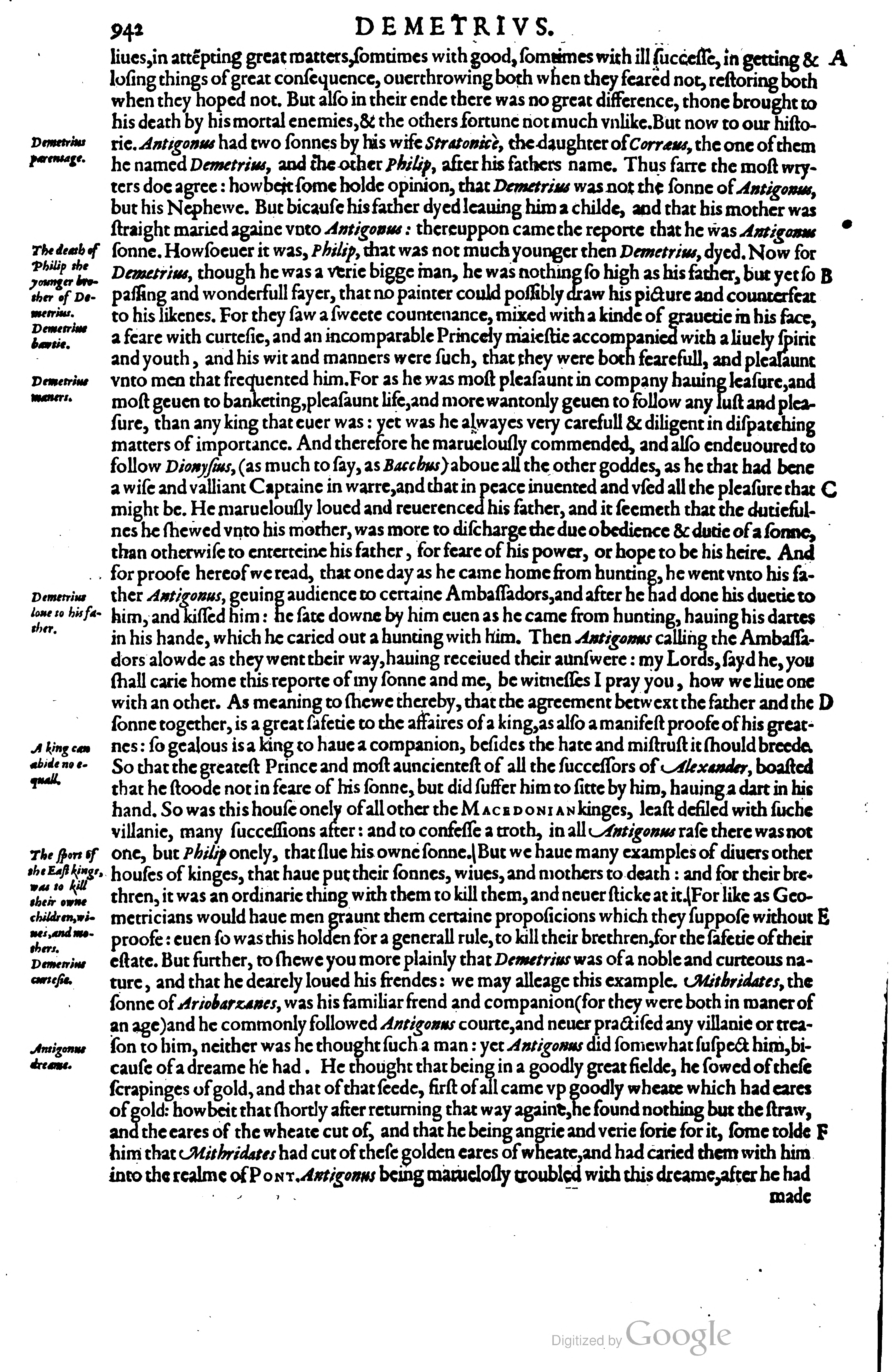 North Plutarch 1579 Demetrius passage, printed p. 942