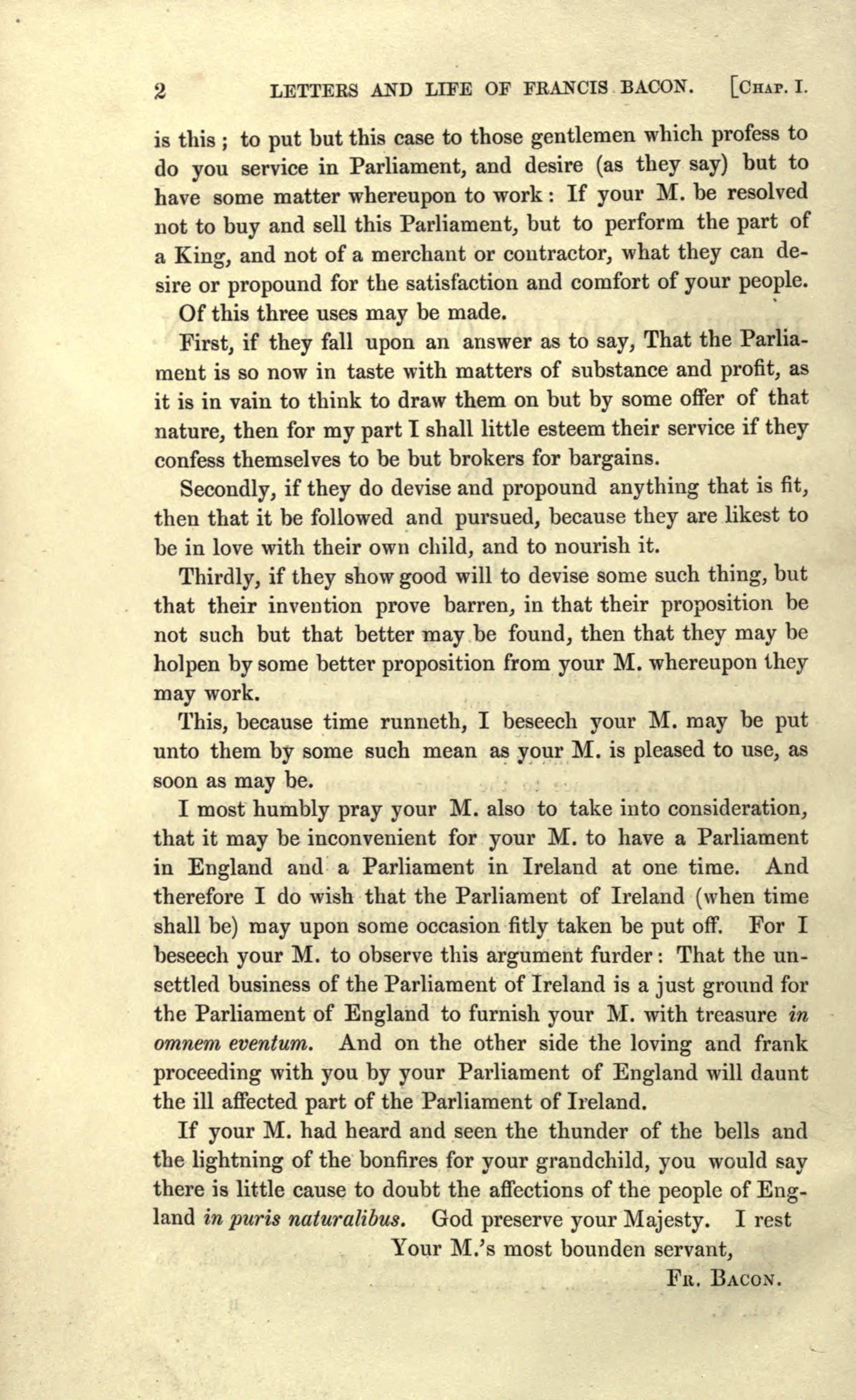 Spedding, Letters and Life vol. V, p. 2 - Bacon letter to James